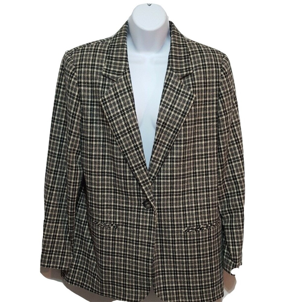 Sag Harbor Blazer 12 Vintage Black Houndstooth Plaid One Button Lined Wool Blend
